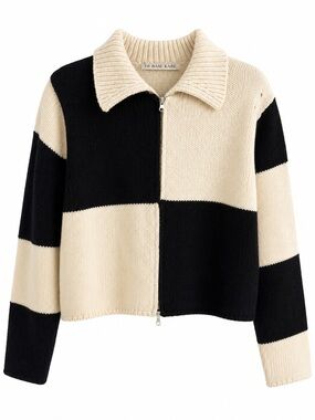 De Base Karé Black & White Colorblock Wool Blend Zip-Up Sweater Size L
